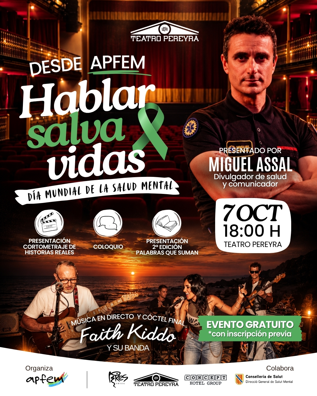 💚 Hablar salva vidas El próximo 7 de octubre a las 18:00 h, en el @teatropereyra , desde APFEM celebraremos un encuentro con motivo del Día Mundial de la Salud Mental. Un evento presentado por @miguel_assal , divulgador de salud y comunicador, en el que compartiremos un cortometraje con historias reales, la presentación de la 2.ª edición de Palabras que suman y un coloquio para seguir dando visibilidad a la salud mental desde la escucha, la experiencia y el acompañamiento. Terminaremos con música en directo de @thefaithkido , Javier Salamanca y su banda, y un cóctel final. 📍 Teatro Pereyra 📅 7 de octubre 🕕 18:00 h 🎟️ Evento gratuito con inscripción previa 🔞 Mayores de 16 años El enlace de inscripción estará disponible en stories. Os esperamos para compartir una tarde muy especial. 💚 #APFEM #HablarSalvaVidas #DíaMundialDeLaSaludMental #SaludMental #Ibiza #TeatroPereyra #MiguelAssal #PalabrasQueSuman