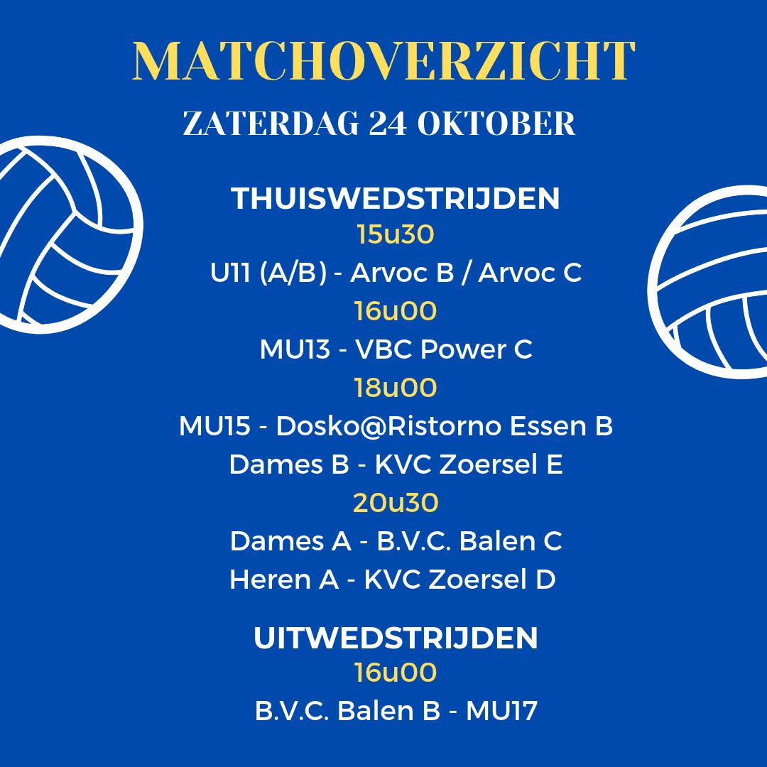 Matchoverzicht zaterdag 24 oktober 🏐 Onze ploegen…