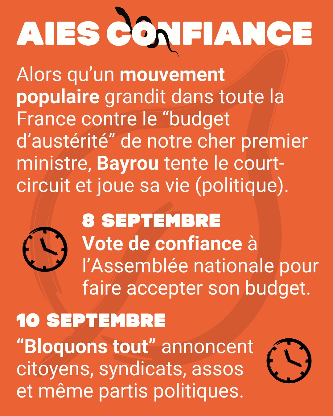 1- Bayrou va-t-on ? Difficile de passer à côté de l’annonce du Premier ministre le plus impopulaire du Macronisme ! Face à la défiance générale et aux appels épars mais grandissants à bloquer le pays le 10 Septembre, Bayrou tente un coup. Un vote de confiance qui va mal finir, entre remaniement et dissolution programmée.
2. Municipales, on en sait plus - Les dates sont fixées pour les élections locales. Un rendez-vous important mais boudé par une grande partie des français en 2020. C’est pourtant le premier contrepoids aux politiques nationales, l’occasion de retrouver du pouvoir d’agir “par le bas”. Quelques nouvelles règles pour ce moment électoral listées par @brutofficiel .
3. Rentrée des classes - Et on aimerait que ça joue collectif à l’école ! Qui dit rentrée dit programme scolaire et, là aussi, on a le droit à quelques mises à jour, lit-on dans @ouestfrance : l’IA s’invite en classe, le Pass Culture tient le coup et l’éducation affective qui déplaisait autant aux conservateurs/droites dures sera bien enseignée !
4. Pour aller plus loin : les recos de la rédac ! L’actualité c’est aussi des rendez-vous. Avec @lea.chamboncel et @democratieouverte sur la place citoyenne des jeunes, @mediacitesinvestigation et l’importance du journalisme ou pour repenser l’organisation du travail avec @leslicoornes à l’Onde de Coop. Sans oublier de préparer un avenir meilleur avec @socialter .
Infographie @elliot_clarke_01