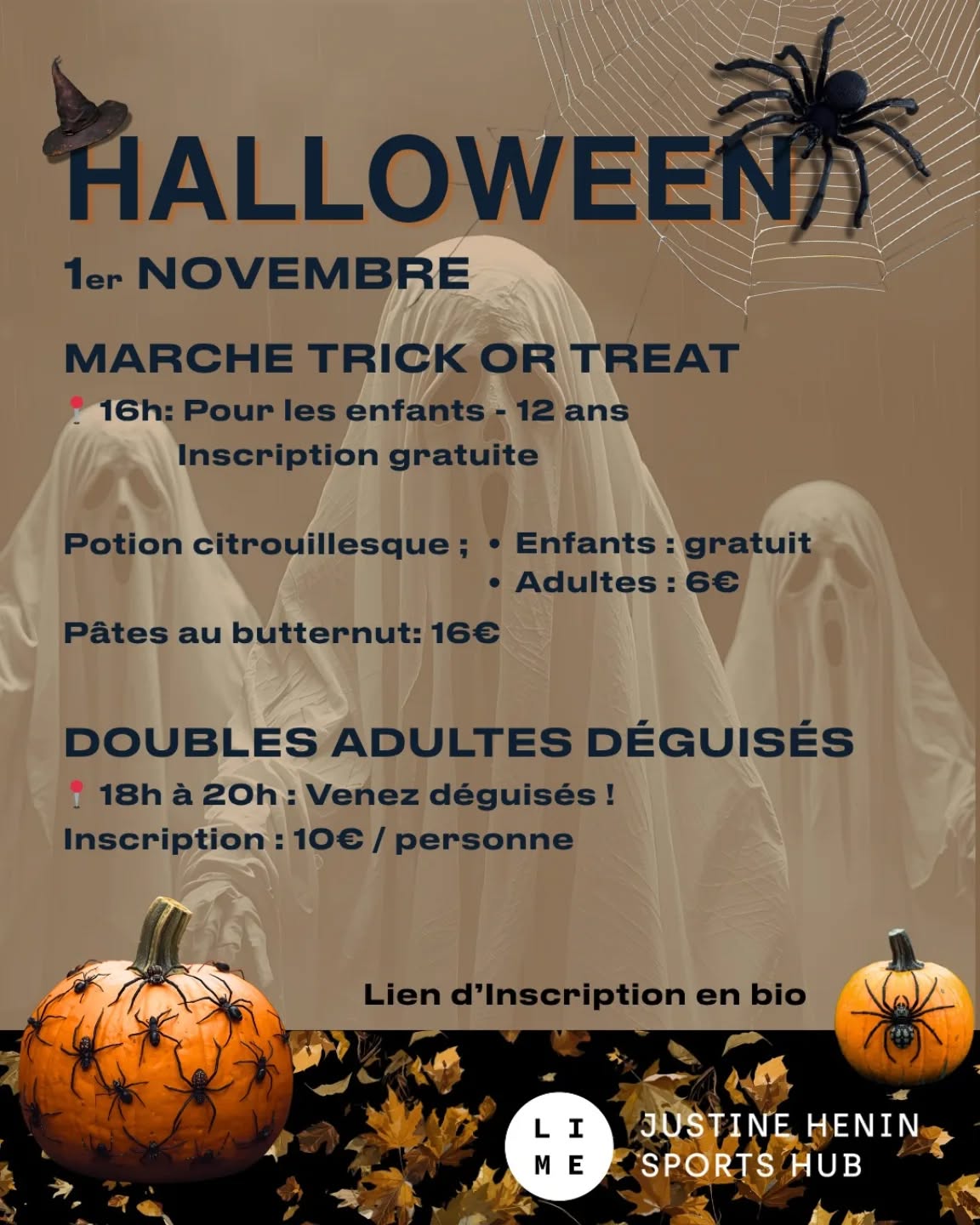 🎃 Prêt·e à frissonner ? Le 1er novembre, le Club Justine Henin@Lime t’attend pour une journée monstrueuse 👻 Au programme : bonbons, doubles adultes déguisés & ambiance terrifiante 🔥 🧙♀️ Inscris-toi vite… Lien d'inscription en bio #clubjustinehenin