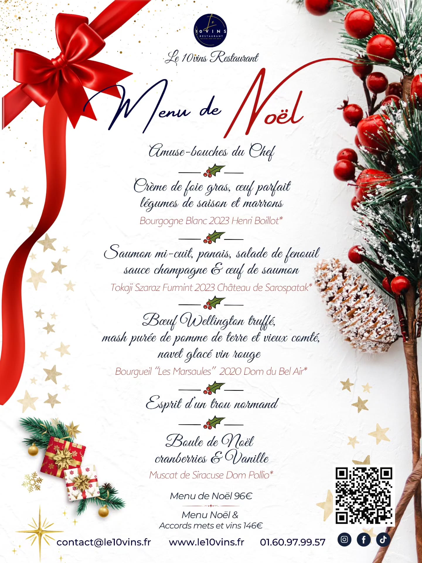 ✨ Menu de Noël — Le 10Vins ✨
Nous vous dévoilons aujourd’hui le menu imaginé par notre chef @chef_htun_htun pour sublimer votre réveillon. Un moment raffiné, chaleureux et plein de belles émotions culinaires vous attend.
Des saveurs de saison, des créations élégantes et des accords mets-vins pensés pour accompagner chaque instant.
Le menu complet est désormais disponible en téléchargement : lien en bio.
En parallèle, nos menus du midi continuent d’être proposés chaque semaine, élaborés avec des produits frais et de saison.
En ce début de décembre, toute l’équipe du 10Vins vous souhaite de très belles fêtes, remplies de douceur et de moments partagés.
Pour réserver votre table, rendez-vous dans notre lien en bio ou directement via notre site web.
Pour toute autre information, vous pouvez également nous contacter :
📞 01 60 97 99 57
📧 contact@le10vins.fr
📍 33 Rte de la Frm du Pavillon, Chanteloup-en-Brie
#menudenoel #le10vinsrestaurant #fetesdefindannée #restaurant77 #marnelavallée