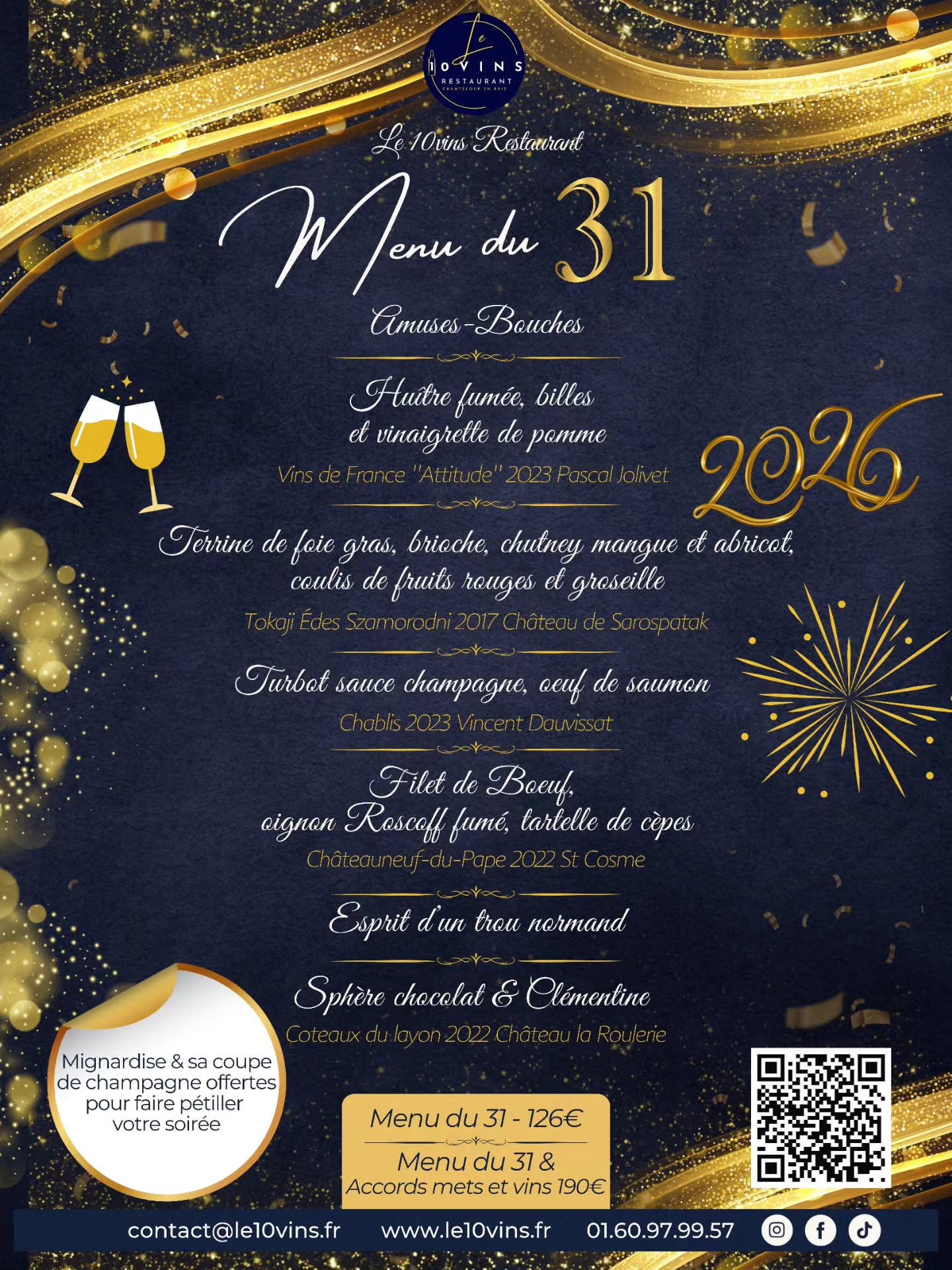 ✨ Réveillon du 31 décembre au 10Vins Restaurant
Une soirée unique, pensée pour célébrer la nouvelle année autour d’un menu d’exception, mêlant créativité, émotions et accords mets-vins élégants.
Pour cette nuit festive, notre chef @chef_htun_htun a imaginé une expérience culinaire complète, où chaque plat raconte une histoire…
Des amuses-bouches aux notes délicates, une huître fumée subtilement parfumée, un foie gras travaillé avec douceur, un turbot nappé d’une sauce champagne, un filet de bœuf aux accents boisés, une parenthèse rafraîchissante façon trou normand, puis une sphère chocolat & clémentine pour terminer en apothéose.
Et pour faire pétiller votre soirée :
✨ Mignardise et sa coupe de champagne offerte.
📄 Le menu complet est disponible en téléchargement : lien en bio.
Les réservations sont ouvertes.
Réservations :
📞 01 60 97 99 57
📧 contact@le10vins.fr
📍 33 Rte de la Frm du Pavillon, 77600 Chanteloup-en-Brie
#le10vinsrestaurant #réveillon2025 #cuisinefrancaise #marnelavallee #accordsmetsvins