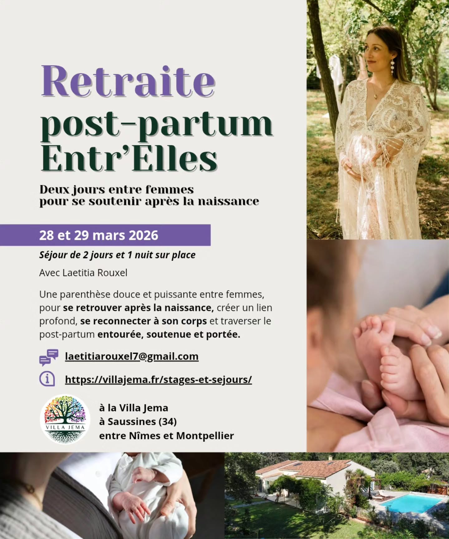 🩷 ENTR’ELLES – Retraite post-partum 🩷
28 & 29 mars 2026 – 8 places seulement
Un week-end doux et puissant pour accueillir le post-partum, se reconnecter à son corps, retrouver confiance, force et sensualité… entourée d’un cercle bienveillant de femmes.
Au programme :
✨ Un moment intime avec une sage-femme
✨ Deux sessions de danse pour réveiller la puissance du corps
✨ Sophrologie, respiration, présence à soi
✨ Partages, sororité, instants suspendus
✨ Un cadeau qui vous accompagne bien après la retraite
Une parenthèse rare, pensée par une femme, pour les femmes, pour traverser l’après-naissance ensemble — soutenue, comprise, portée.
📍 Villa Jema – Saussines (34)
💌 Infos & réservations : @laeti_rxl laetitiarouxel7@gmail.com
(ou plus d'infos sur villajema.fr)
Parce que l’après-naissance est une traversée.
Et qu’elle est tellement plus douce ensemble 🩷
#postpartum #retraitepostpartum #entreelles #VillaJema #apresnaissance