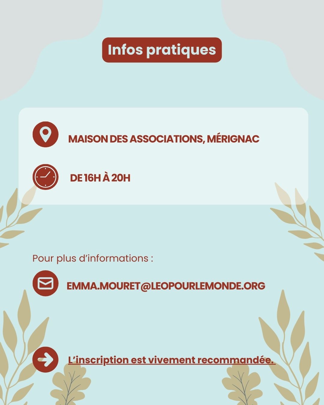 ✋ STOP aux violences basées sur le genre
Le 17 février, Léo Pour le Monde donne rendez-vous à Mérignac pour un événement de sensibilisation et de réflexion autour des violences basées sur le genre.
🔔 Au programme : témoignages, exposition photographique, podcasts et projections, atelier philo ouvert à toutes et tous, performance artistique.
📅 Mardi 17 février 2026
⏰ 16h – 20h
📍 Maison des Associations de Mérignac
Parce que parler, comprendre et agir sont déjà des formes de résistance.
Inscription vivement conseillée : retrouvez le lien en bio
#StopVBG #ViolencesBaséesSurLeGenre #Égalité #DroitsDesFemmes #Solidarité #LéoPourLeMonde #Mérignac