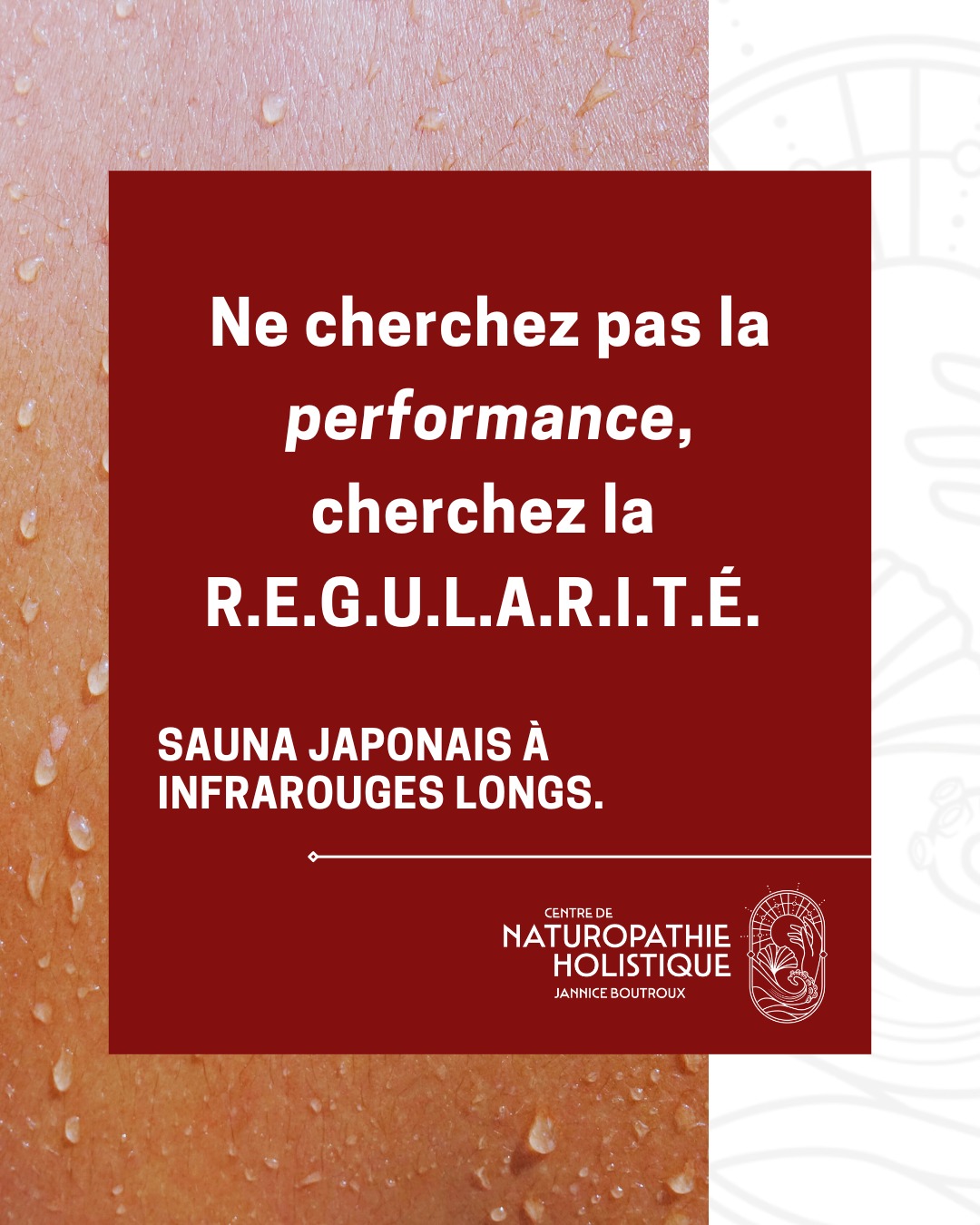 Accueil 6 Souvent lorsque vous faites du sauna japonais à infrarouges longs 🔥, vous venez chercher l’effet “waouh” : on veut du super chaud, du super intense, du super éprouvant 🥵 (j’exagère à peine) pour avoir cette sensation d’une séance réussie 💪.
Mais je vous annonce tout de suite : vous vous trompez totalement (et ce n’est pas votre faute!) 😊.
On vous a fait croire qu’il fallait souffrir pour que ce soit efficace, qu’il fallait lutter pour avancer et mériter, alors vous, vous voulez du sensationnel pour avoir l’impression d’avoir “travaillé” 🎉.
Je vous rappelle comment fonctionne le sauna :
- Des rayons à infrarouges longs sont envoyés depuis les 2 dômes et le tapis, votre corps est donc enveloppé de ces rayons bienfaisants ❤️.
- Lorsque ces rayons rencontrent vos cellules (votre corps), votre métabolisme se met en action. Le travail interne se fait dès lors que la séance commence, même si la sudation n’arrive pas tout de suite. Avec cette action douce, nous adressons déjà les mécanismes d’homéostasie classiques, et le corps (vos cellules) se met en mouvement : accélération de la circulation, apaisement du système nerveux (via le passage en parasympathique), calme du mental, augmentation des sécrétions et des échanges.
- La stimulation mitochondriale ⚡ aussi s’enclenche, et par ce mécanisme un travail de fond sur l’énergie et le métabolisme.
- Le corps va alors chercher à compenser la chaleur pour maintenir la vie, et un processus de sudation peut s’enclencher (l’évacuation de l’eau pour maintenir une température corporelle stable). Cette évacuation va appeler les liquides profonds (cellulaires et extracellulaires) vers l’exterieur, vers votre “émonctoire”(=porte de sortie) peau, ce qui va entrainer l’évacuation d’une partie des déchets, toxiques et toxines vers l’exterieur avec la sudation 💧. Vous nettoyez donc aussi votre organisme en profondeur, séance après séance.
La suite en 1er commentaire 👇