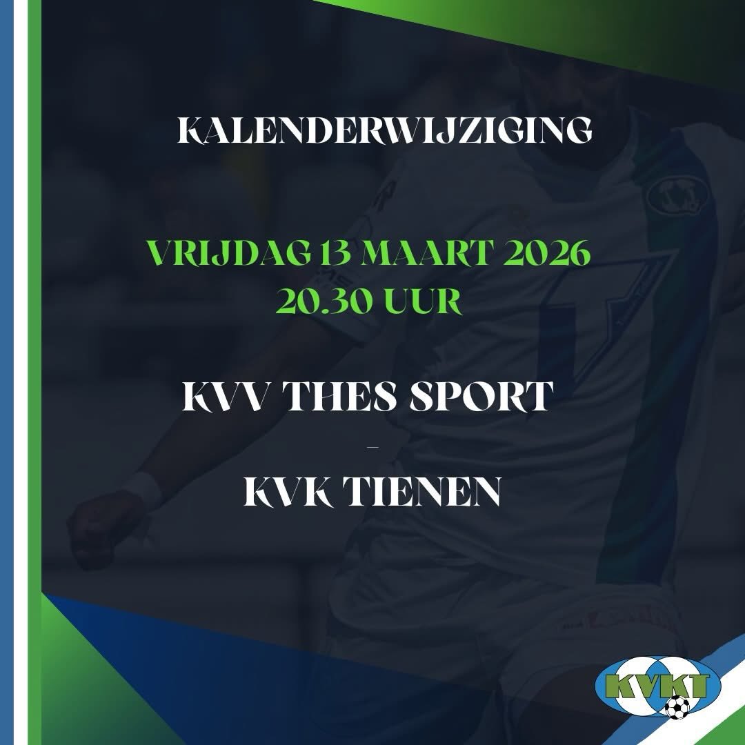 ⚠️ De wedstrijd op het veld van KVV Thes Sport is op vraag van de thuisploeg verplaatst van zaterdag 14 maart naar vrijdag 13 maart om 20.30 uur. ⚠️ De wedstrijd op het veld van KVV Thes Sport is op vraag van de thuisploeg verplaatst van zaterdag 14 maart naar vrijdag 13 maart om 20.30 uur.