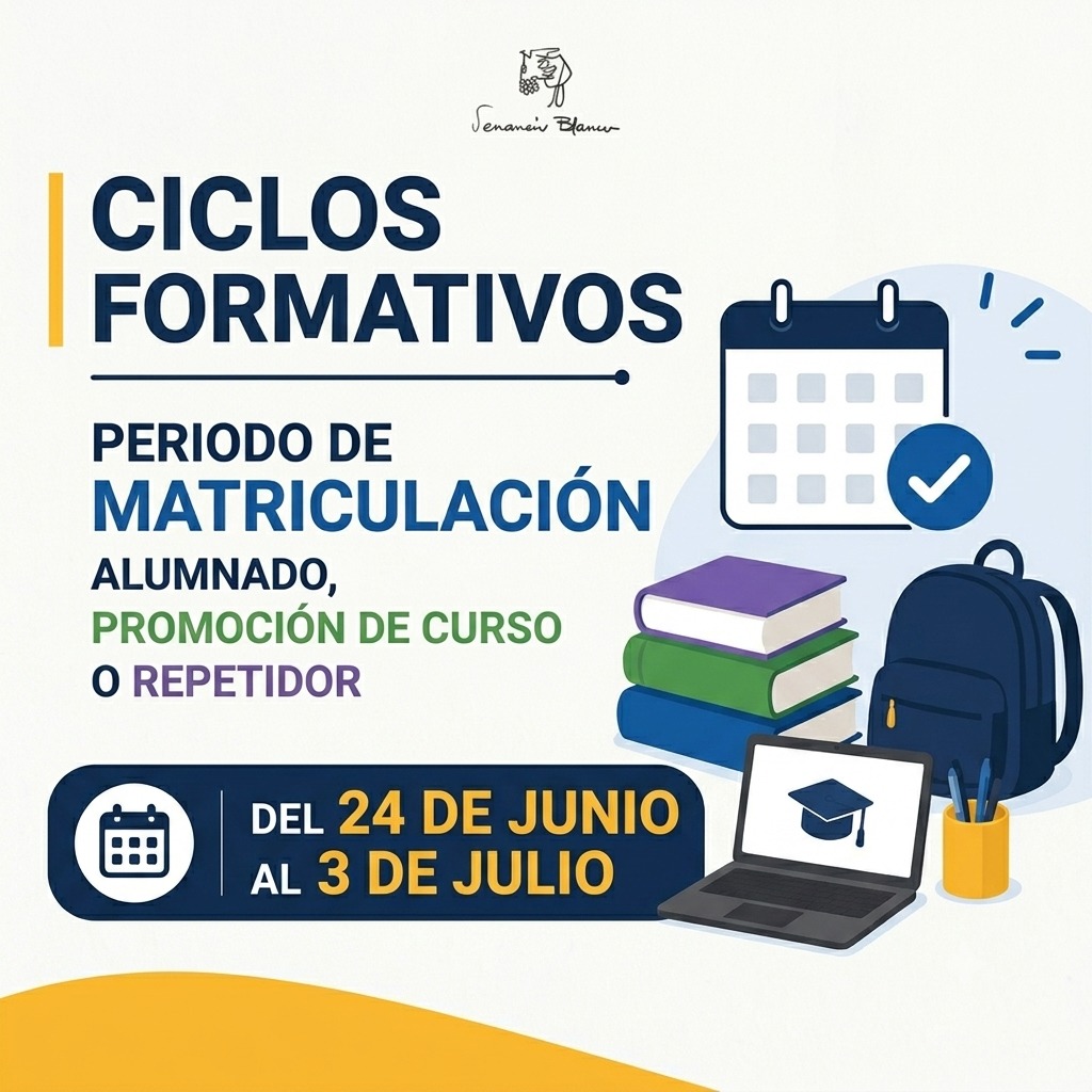 📢 ¡Plazo de matriculación para Ciclos Formativos!
📚 Si eres alumnado que promociona de curso o repite, recuerda realizar tu matrícula para el próximo curso.
📅 Del 24 de junio al 3 de julio
No lo dejes para el último día y asegura tu plaza para seguir formándote en el IES Venancio Blanco.
🎓 Tu futuro profesional continúa aquí.
#IESVenancioBlanco #FormacionProfesional #FPCyL #FuturoProfesional 📚🚀
#CiclosFormativosSalamanca 📢 ¡Plazo de matriculación para Ciclos Formativos!
📚 Si eres alumnado que promociona de curso o repite, recuerda realizar tu matrícula para el próximo curso.
📅 Del 24 de junio al 3 de julio
No lo dejes para el último día y asegura tu plaza para seguir formándote en el IES Venancio Blanco.
🎓 Tu futuro profesional continúa aquí.
#IESVenancioBlanco #FormacionProfesional #FPCyL #FuturoProfesional 📚🚀
#CiclosFormativosSalamanca