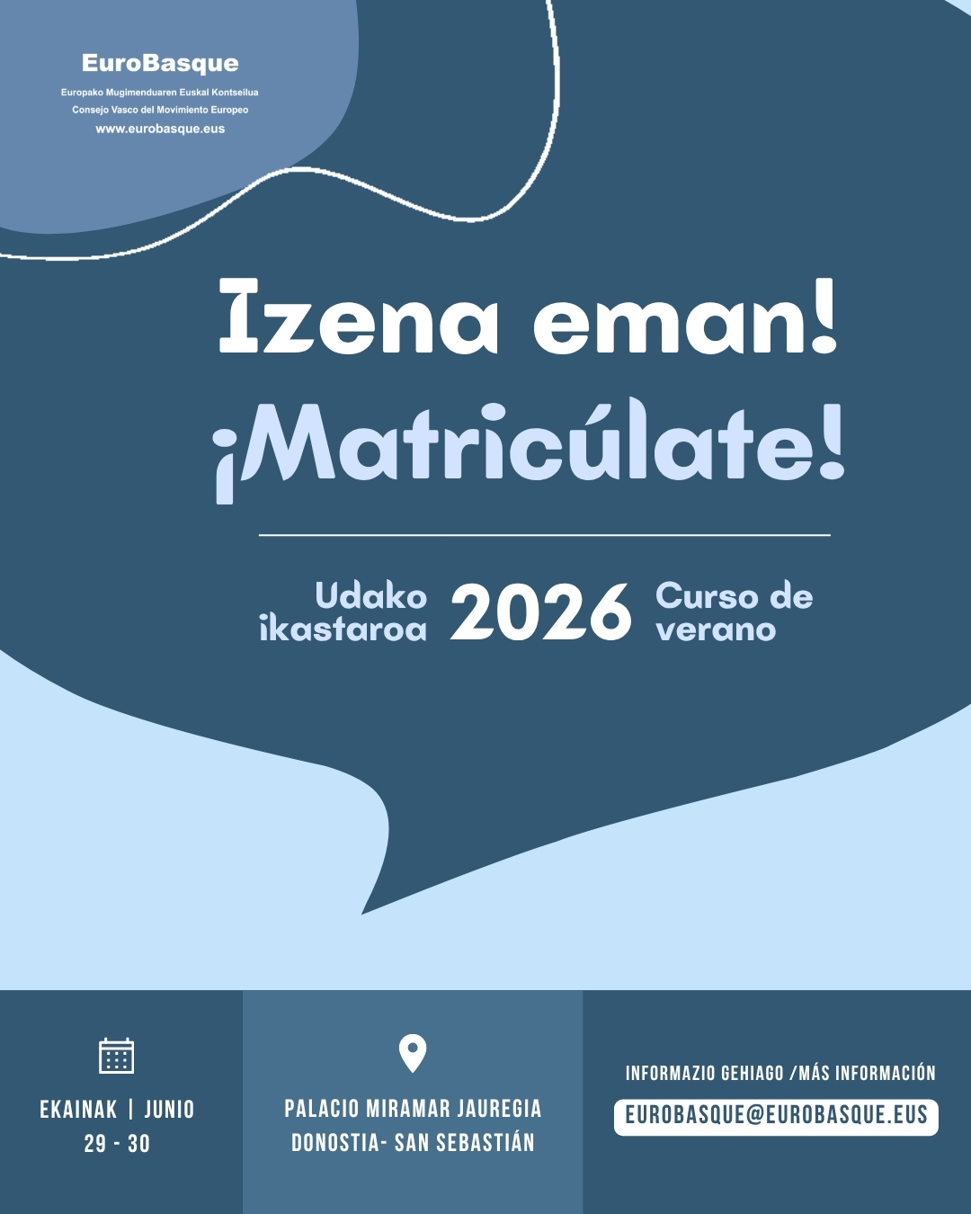 📍 Ekainaren 29an eta 30ean EuroBasquetik UPV/EHUko Udako Ikastaroaren Fundazioaren (UIK) laguntzarekin antolatzen dugun 2026ko Udako Ikastaroaren ospakizuna egingo dugu. "Europar Batasuna eta Latinoamerika: aliantza estrategikoa mundu ezegonkor batean" izeneko ikastaro hau, modalitate presentzialean emango da, Donostiako Miramar Jauregian, bai eta sreaming bidez ere, bertara joaterik ez dutenentzat.
🌍Ikastaro honek EBren eta Latinoamerikaren arteko harremanen azken aldiko bilakaera aztertzea du helburu, eta multilateralismoaren eta balio demokratiko partekatuen defentsan gero eta garrantzi handiagoa duela nabarmentzen du. Horrez gain, lankidetza-akordio nagusiak eta horien ondorioak aztertzen ditu, eta, gainera, Euskadirentzako aukerak identifikatzen ditu enpresa-esparruetan, esparru akademikoetan, teknologikoetan eta soziokulturaletan.
ℹ️ Ekitaldira etortzeko, ez ahaztu UIK-ren webgunean izena ematea. 🔗Esteka gure BIO-n.
-
📍 Los días 29y 30 de junio Eurobasque junto a la Fundación de Cursos de Verano de la UPV/EHU (UIK) celebraremos el Curso de Verano 2026 bajo el título “La Unión Europea y América Latina: una alianza estratégica en un mundo inestable” Este evento será tanto presencial, en el Palacio Miramar de Donostia, San Sebastián, como en sreaming, para la gente que no le sea posible acudir.
🌍 Este curso tiene como objetivo analizar la evolución reciente de las relaciones entre la UE y América Latina, destacando su importancia creciente en la defensa del multilateralismo y los valores democráticos compartidos, además de, examinar los principales acuerdos de cooperación y sus efectos, identificando además oportunidades para Euskadi en ámbitos empresariales, académicos, tecnológicos y socioculturales.
ℹ️ Si quieres asistir, no olvides matricularte en la web de UIK. 🔗 Enlace disponible en nuestra BIO.