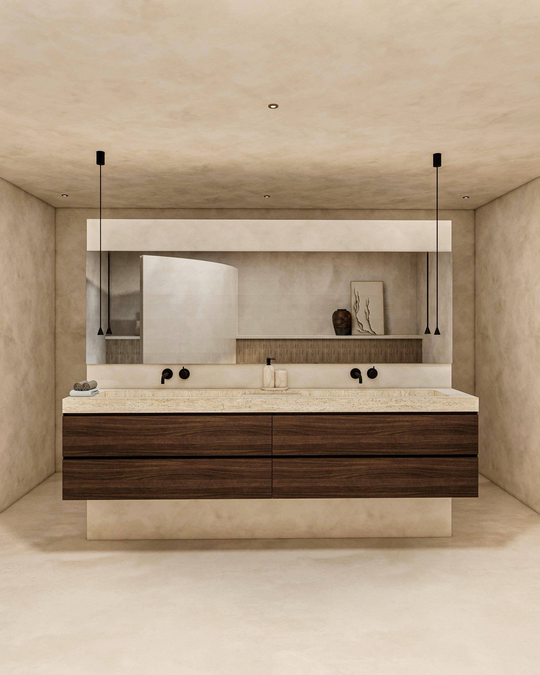 Badkamer ontwerp met microcement afwerking en travertin details in samenwerking met @atelier_bejee voor project Bonaire. 🤍
#badkamerontwerp #interieurontwerp #interieuradvies #bathroomdesign #interiordesign