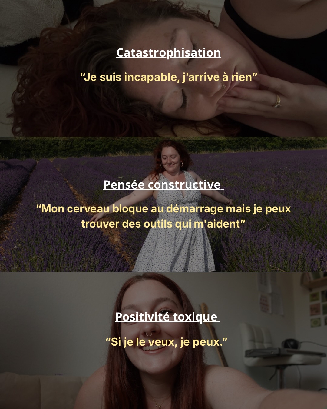 3 pensées = 3 réalités possibles 🧠
La catastrophe t’enferme dans un rôle de victime, passive de ta propre vie.
La positivité toxique t’invalide et t’invisibilise.
Et entre les deux, un équilibre. Pas tout noir ou tout blanc. Une pensée constructive qui te laisse la place pour ressentir et ouvre des portes vers des solutions.
#mindsetiskey #rejectionsensitivedysphoria #neuroatypique #confianceensoi #hypersensibilité