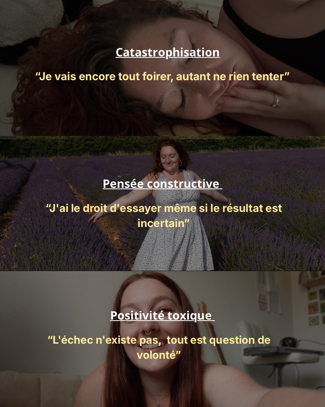 3 pensées = 3 réalités possibles 🧠
La catastrophe t’enferme dans un rôle de victime, passive de ta propre vie.
La positivité toxique t’invalide et t’invisibilise.
Et entre les deux, un équilibre. Pas tout noir ou tout blanc. Une pensée constructive qui te laisse la place pour ressentir et ouvre des portes vers des solutions.
#mindsetiskey #rejectionsensitivedysphoria #neuroatypique #confianceensoi #hypersensibilité