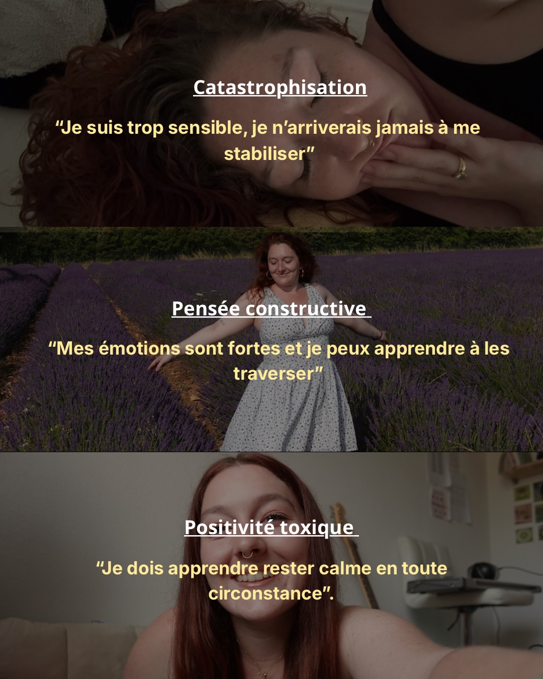 3 pensées = 3 réalités possibles 🧠
La catastrophe t’enferme dans un rôle de victime, passive de ta propre vie.
La positivité toxique t’invalide et t’invisibilise.
Et entre les deux, un équilibre. Pas tout noir ou tout blanc. Une pensée constructive qui te laisse la place pour ressentir et ouvre des portes vers des solutions.
#mindsetiskey #rejectionsensitivedysphoria #neuroatypique #confianceensoi #hypersensibilité