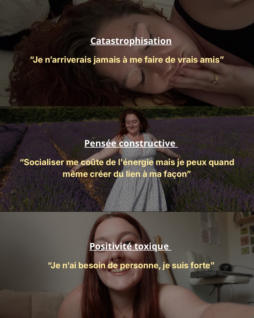 3 pensées = 3 réalités possibles 🧠
La catastrophe t’enferme dans un rôle de victime, passive de ta propre vie.
La positivité toxique t’invalide et t’invisibilise.
Et entre les deux, un équilibre. Pas tout noir ou tout blanc. Une pensée constructive qui te laisse la place pour ressentir et ouvre des portes vers des solutions.
#mindsetiskey #rejectionsensitivedysphoria #neuroatypique #confianceensoi #hypersensibilité
