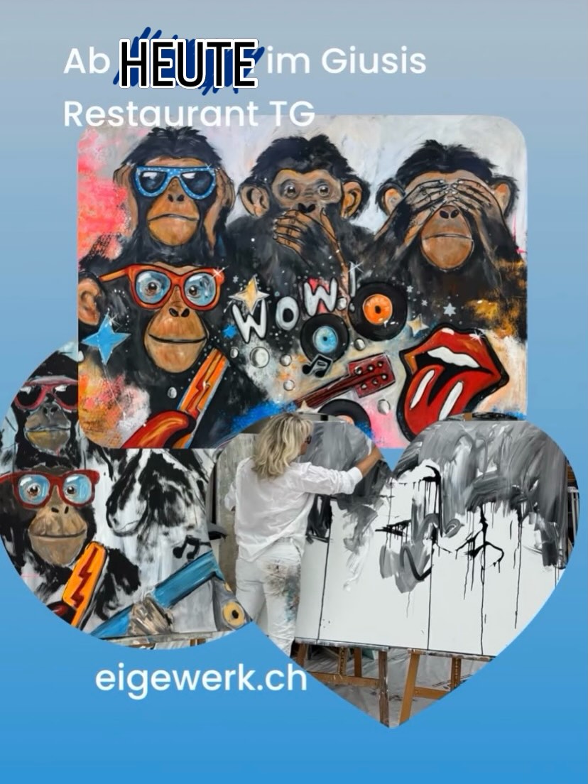 🎨 KUNST – KULTUR & BITZELI KUCHEN 🍰✨
Das gibt es bei uns im Giusi’s 😍
Frisch verkauft, geht die Reise nach Basel zu unseren lieben Gästen… und wir freuen uns riesig, dass ein Stück Giusi’s-Liebe mit auf die Reise geht. ❤️
Und während ein Kunstwerk seinen neuen Platz findet, hängt das neue Bild von Carmen Högger, unserer wunderbaren Künstlerin, die bereits bei uns ausgestellt hat, schon passend bei uns.
Denn irgendwie sind wir ein bisschen wie unsere Affen 🐒😉
Wir versuchen überall Augen und Ohren zu haben – sehen, hören und spüren, was unsere Gäste brauchen. Nicht das Böse, sondern vor allem die tollsten Worte, Wünsche und Bedürfnisse von euch. ❤️
Wir hören gerne zu, schauen genau hin und geben unser Bestes, damit es bei uns immer ein bisschen cool, herzlich und WOW bleibt. 😎
#oneteam #giusis #amriswil #kunst #kultur