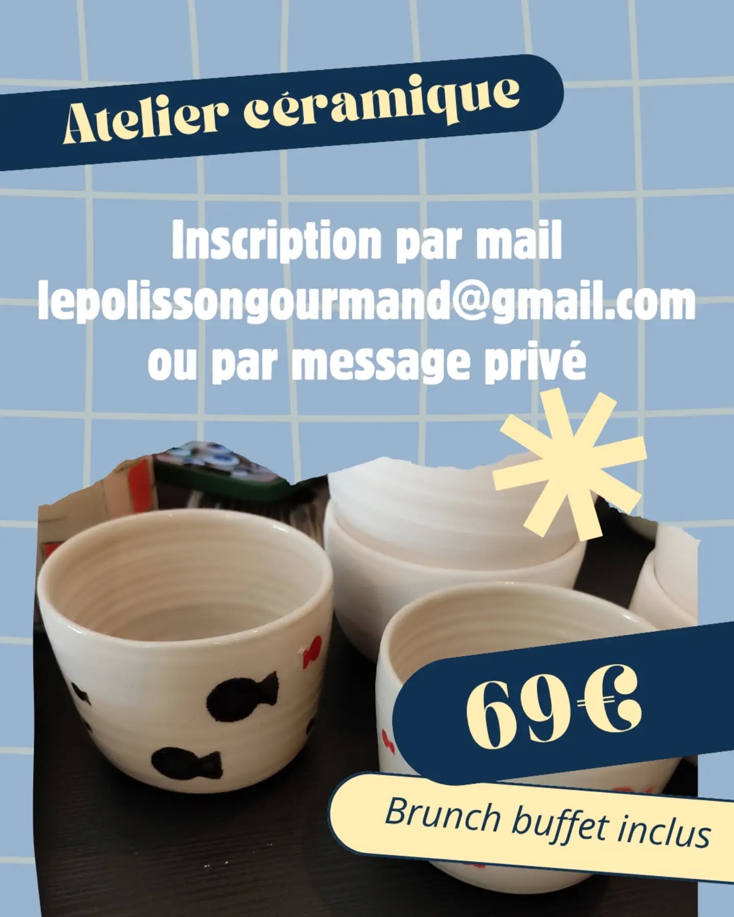 Atelier céramique & brunch
Je me suis amusée à revoir l'affiche du prochain atelier, et j'avoue que ça colle plutôt bien avec nos couleurs 😁
Le principe de cet atelier :
✨ Choisis 2 pièces : bol, tasse ou assiette
🎨 Décore-les selon tes envies
🥐 Profite d’un brunch gourmand au Polisson Gourmand
🔥 Orianne émaille et cuit tes créations
🤍 Et quelques semaines plus tard… récupère tes pièces uniques !
Tu as besoin d'inspiration avant de te lancer ? Fonce découvrir la page d'Orianne @koboceramique pour voir les dernières créations
Tu ne sais pas ce que tu vas manger au brunch ? Viens scroller sur nos réseaux, tu vas trouver ton bonheur c'est sûr 😍
Il reste de la place pour ce samedi 10 octobre !
Et ensuite, ce sera le samedi 28 novembre
🗓️Samedi 10 octobre
🕘 9h30-12h30
📍Le Polisson Gourmand / 31 Rue de Lille à Armentières
Viens prendre un temps rien que pour toi ou avec tes ami(e)s ❤️
#ateliercreatif #ceramique #atelierceramique #brunchdusamedi #brunch